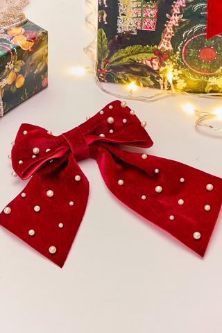 Christmas Velvet Pearl Bow, 26cm