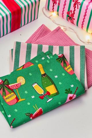 3 Pack Christmas Prosecco Tea Towel Set