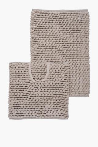 2 Piece Cotton Plain Bobble Bath Mat Set