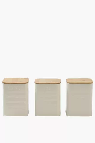 Set Of 3 Metal And Wood Canisters