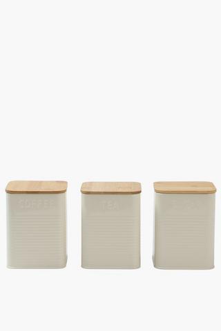 Set Of 3 Metal And Wood Canisters