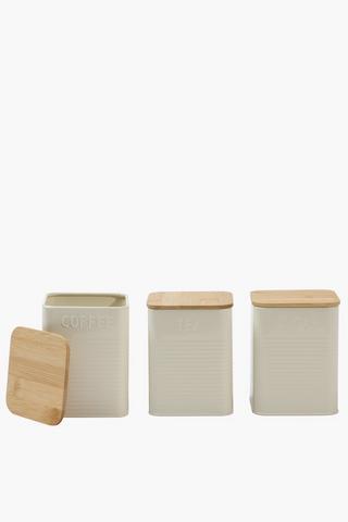 Set Of 3 Metal And Wood Canisters