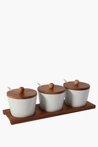 Ceramic Bowls On Acacia Stand