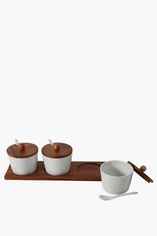 Ceramic Bowls On Acacia Stand