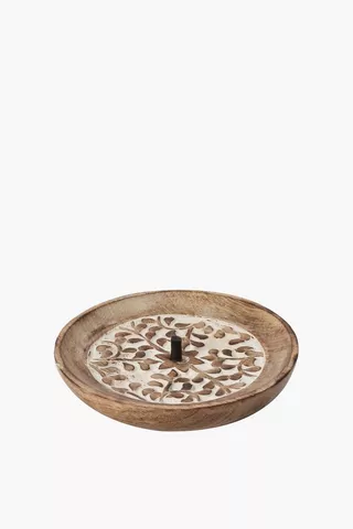Floral Carved Wood Candle Plate