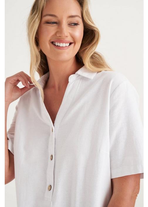 LINEN HENLEY DRESS - 3XL - White | MILADYS