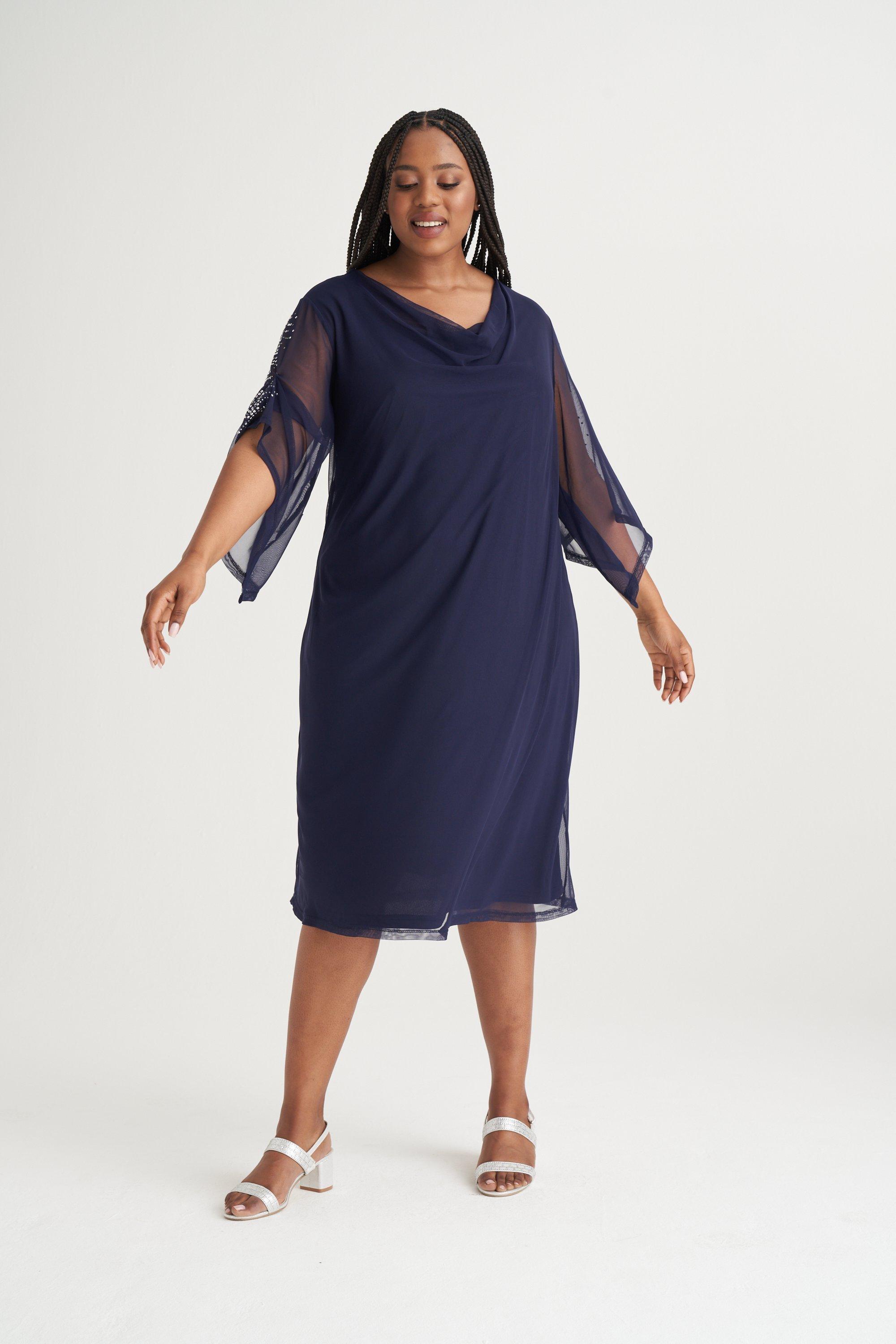 NAVY MESH EMBELLISHED DRESS - 3XL - Navy | MILADYS