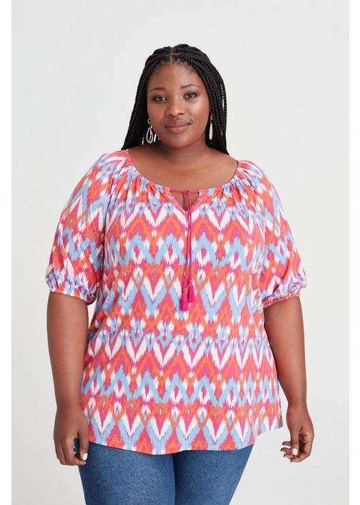 ABSTRACT PRINT PEASANT TOP - 3XL - Multi