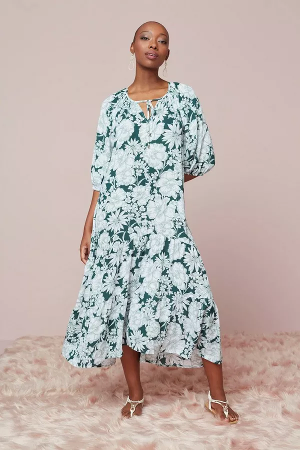 OLIVE FLORAL TIERED PEASANT