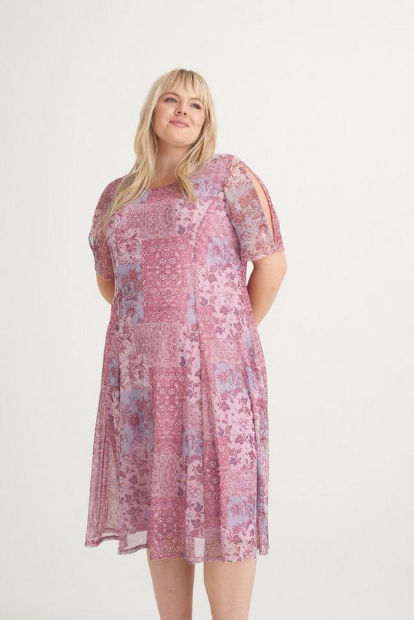 PRINTED MESH FIT AND FLARE DRESS