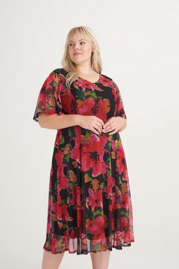 RED BOLD FLORAL MESH FIT N FLARE
