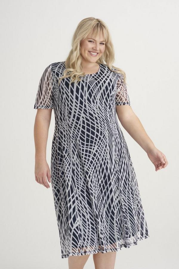 NAVY GRID FIT N FLARE DRESS