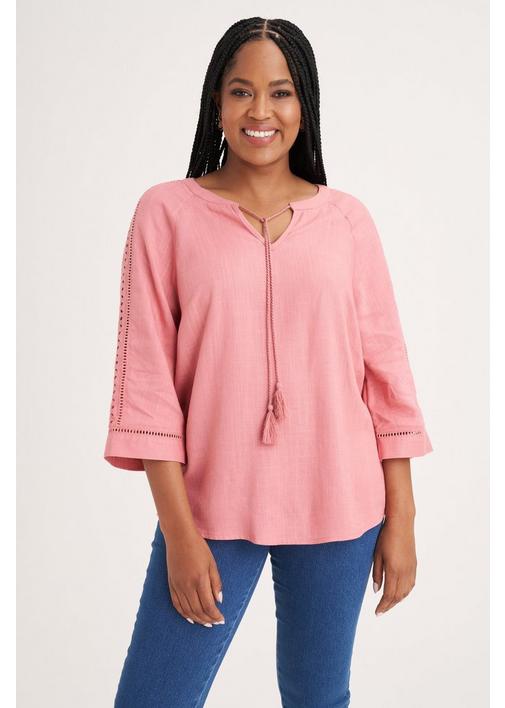LACE TRIM HENLEY TOP - 127 - Dusty Pink | MILADYS