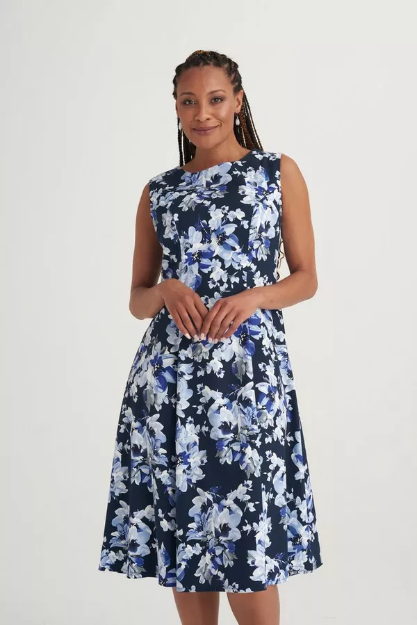 PRINTED SATEEN FIT AND FLARE DRESS