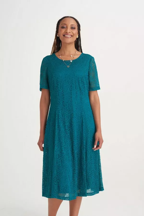 TEAL LACE FIT N FLARE DRESS