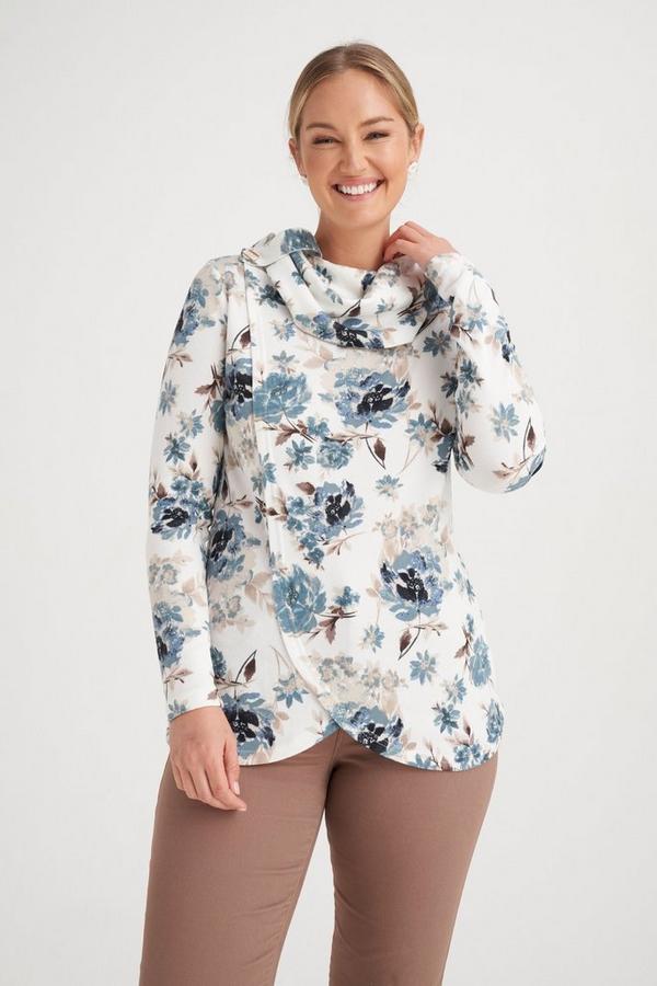 FLORAL PRINT COWL NECK TOP