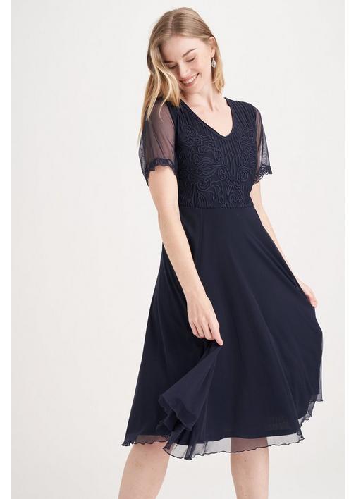 Double-jersey flared dress with bow patches