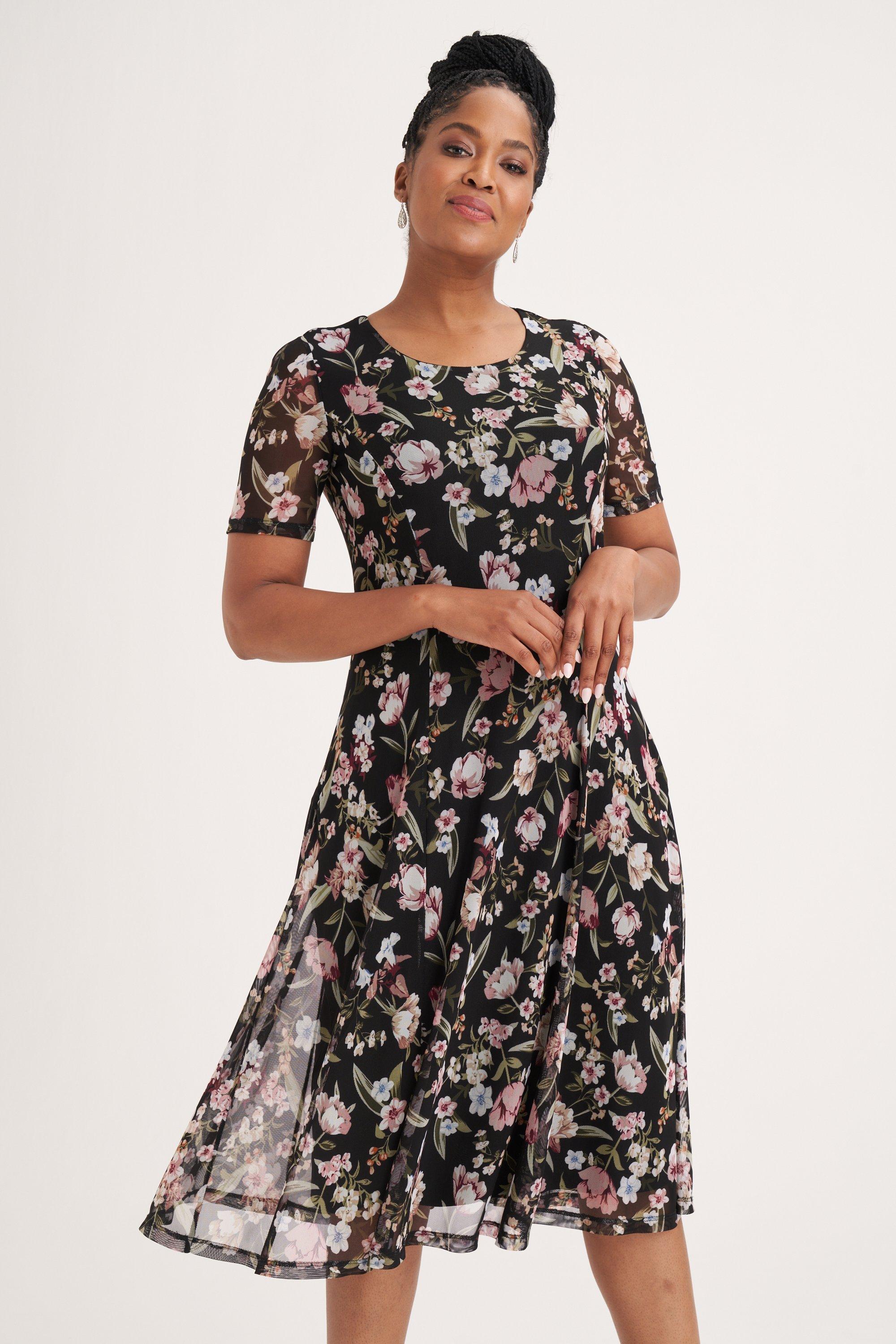 FLORAL MESH FIT AND FLARE DRESS