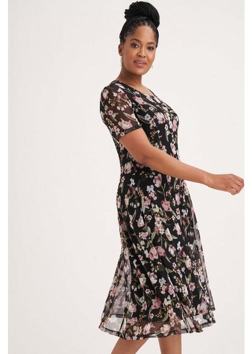 FLORAL MESH FIT AND FLARE DRESS - 3XL - Multi