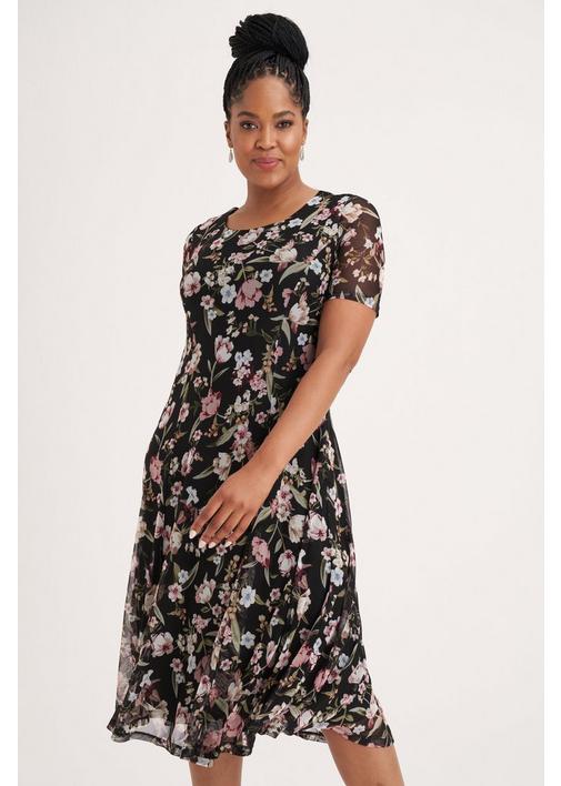 FLORAL MESH FIT AND FLARE DRESS - 3XL - Multi