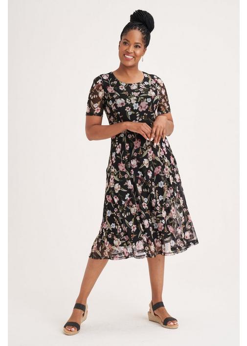 FLORAL MESH FIT AND FLARE DRESS - XXL - Multi