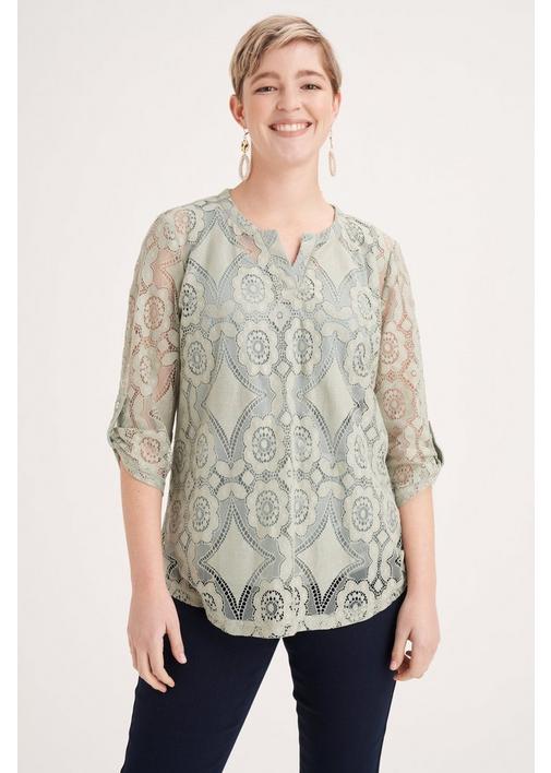 HENLEY TOP WITH LACE OVERLAY - 3XL - Fatigue | MILADYS