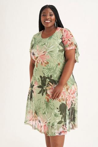 FLORAL MESH FIT AND FLARE DRESS - 3XL - Multi