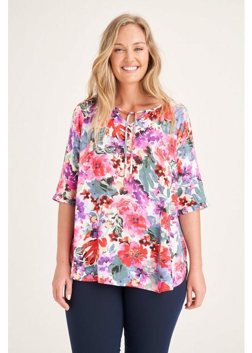 FLORAL PRINT PEASANT TOP - M - Pink Glo