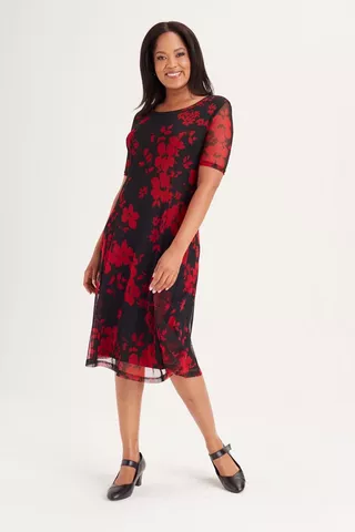 FLORAL MESH FIT AND FLARE DRESS