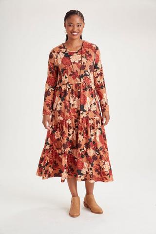 A-LINE FLORAL PRINT DRESS RUST