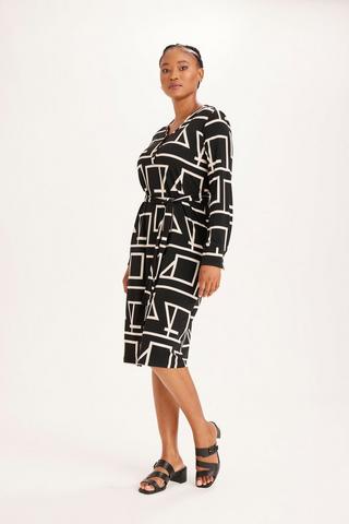 GEO PRINT A-LINE DRESS MONOCHROME