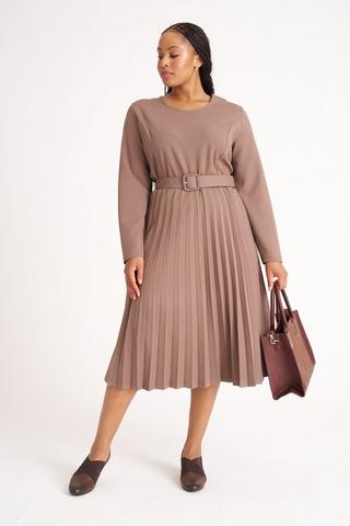 PLEAT FIT AND FLARE DRESS STONE