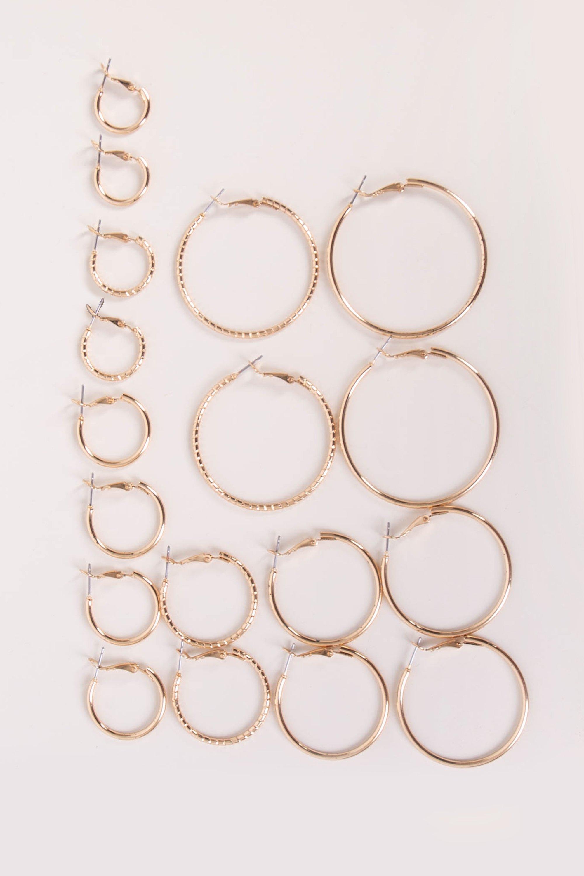 9 PACK HOOP EARRINGS - 1 - Yellow Gold