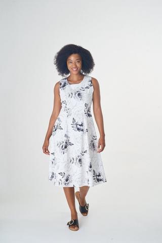 SATEEN FLORAL FIT AND FLARE DRESS