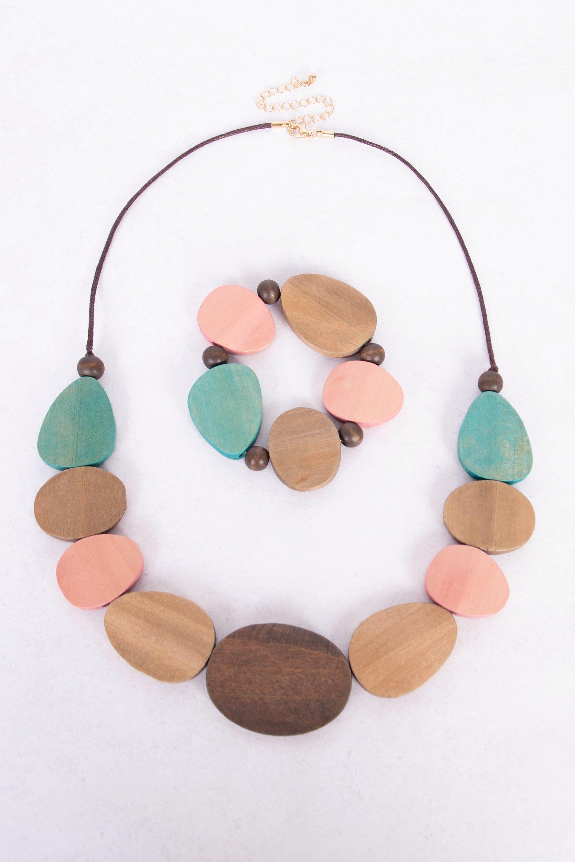 WOOD NECKLACE AND BRACELET SET - 1 - Multi