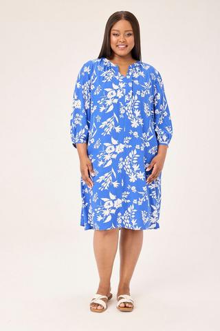 LEAF PRINT A-LINE DRESS BLUE