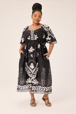 FLORAL PEASANT DRESS BLACK