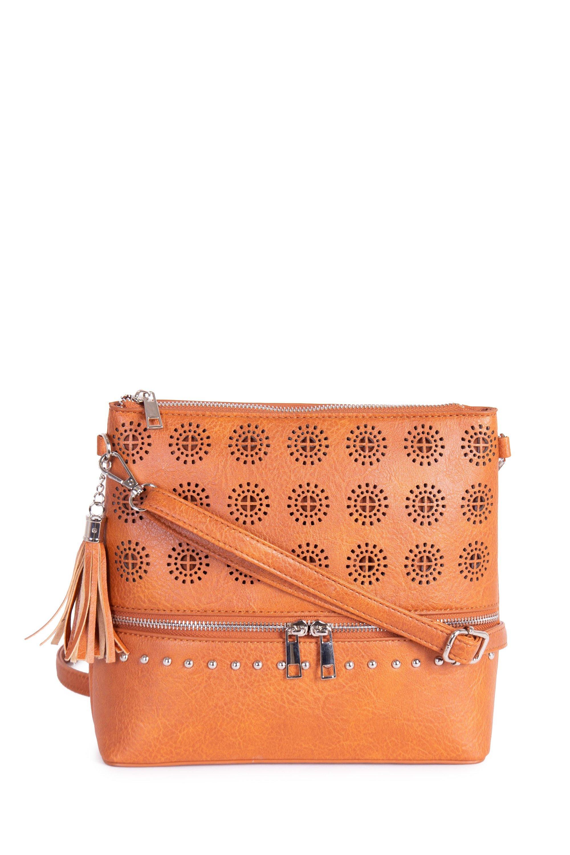 LAZER CUT CROSSBODY BAG BROWN - 1 - Tan