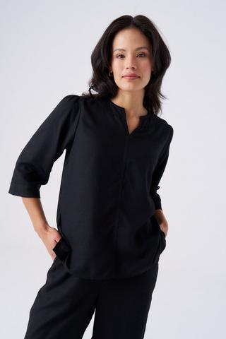 LINEN BLEND BLACK HENLEY TOP