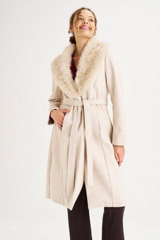 MELTON COAT FAUX FUR TRIM