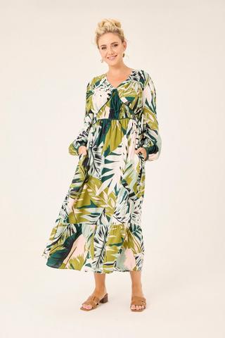 LEAF PRINT PEASANT DRESS