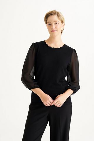 KNIT TOP WITH SHEER SLEEVES BLACK