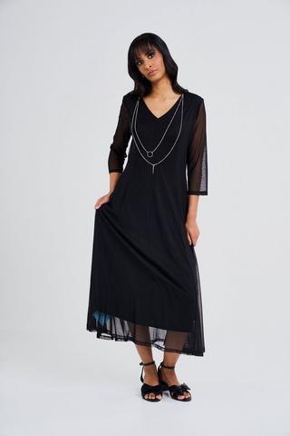 MESH FIT AND FLARE DRESS BLACK