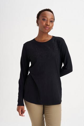 LONGER LENGTH EMBROIDERED TEE BLACK