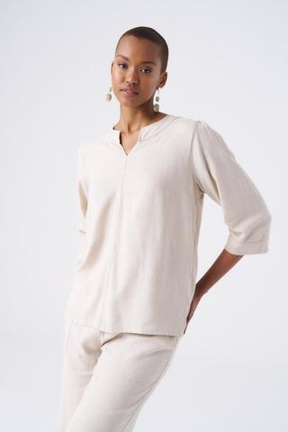 LINEN BLEND HENLEY TOP STONE
