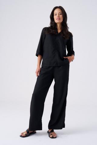 LINEN BLEND STRAIGHT LEG PANTS BLACK