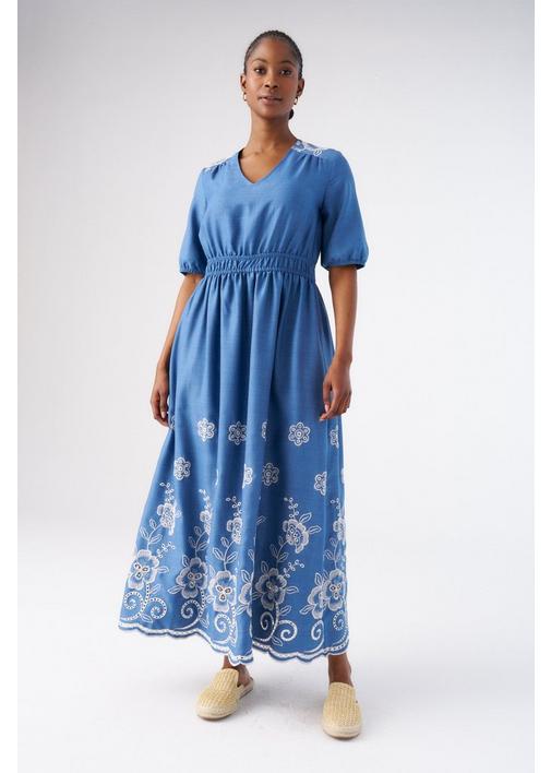 EMBROIDERED EMPIRE WAIST DRESS - XL - Indigo