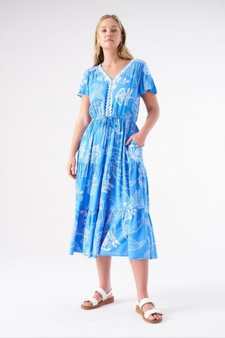 EMPIRE WAIST PRINTED DRESS BLUE
