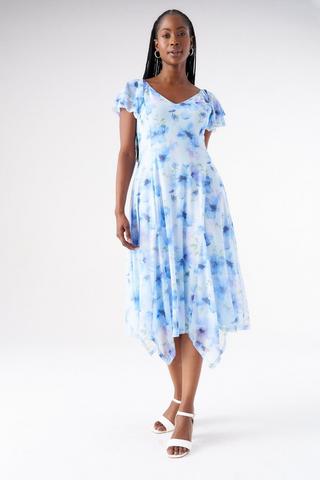FIT AND FLARE CHIFFON DRESS BLUE