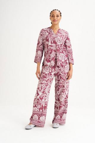 BURGUNDY PRINTED WIDELEG PANTS